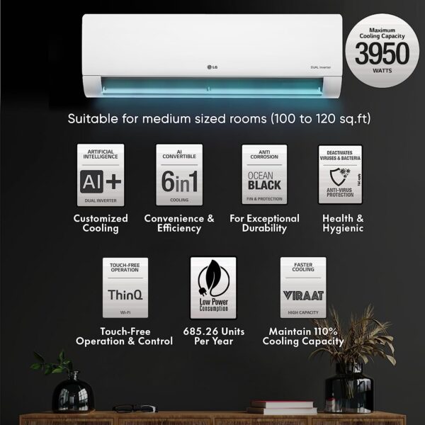 LG 0.8 Ton 3 Star AI DUAL Inverter Split AC (Copper, Super Convertible 6-in-1 Cooling, HD Filter with Anti Virus protection, 2023 Model, RS-Q10ENXE, White) - Image 2