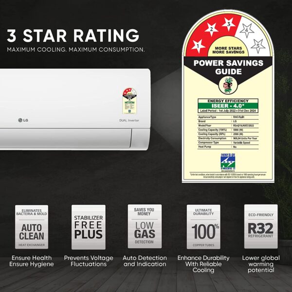 LG 0.8 Ton 3 Star AI DUAL Inverter Split AC (Copper, Super Convertible 6-in-1 Cooling, HD Filter with Anti Virus protection, 2023 Model, RS-Q10ENXE, White) - Image 3